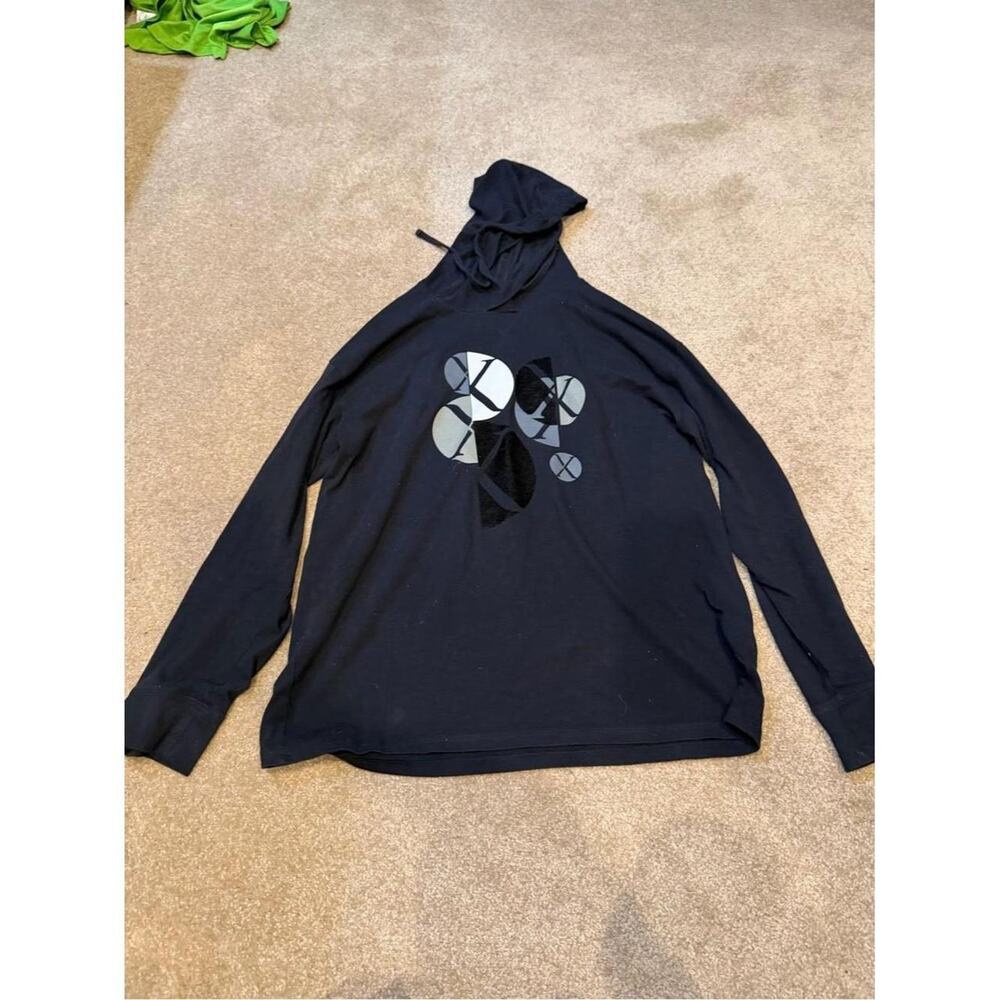 Men's Lightweight Black Graphic Hooded Long Sleeve T-Shirt Size Large